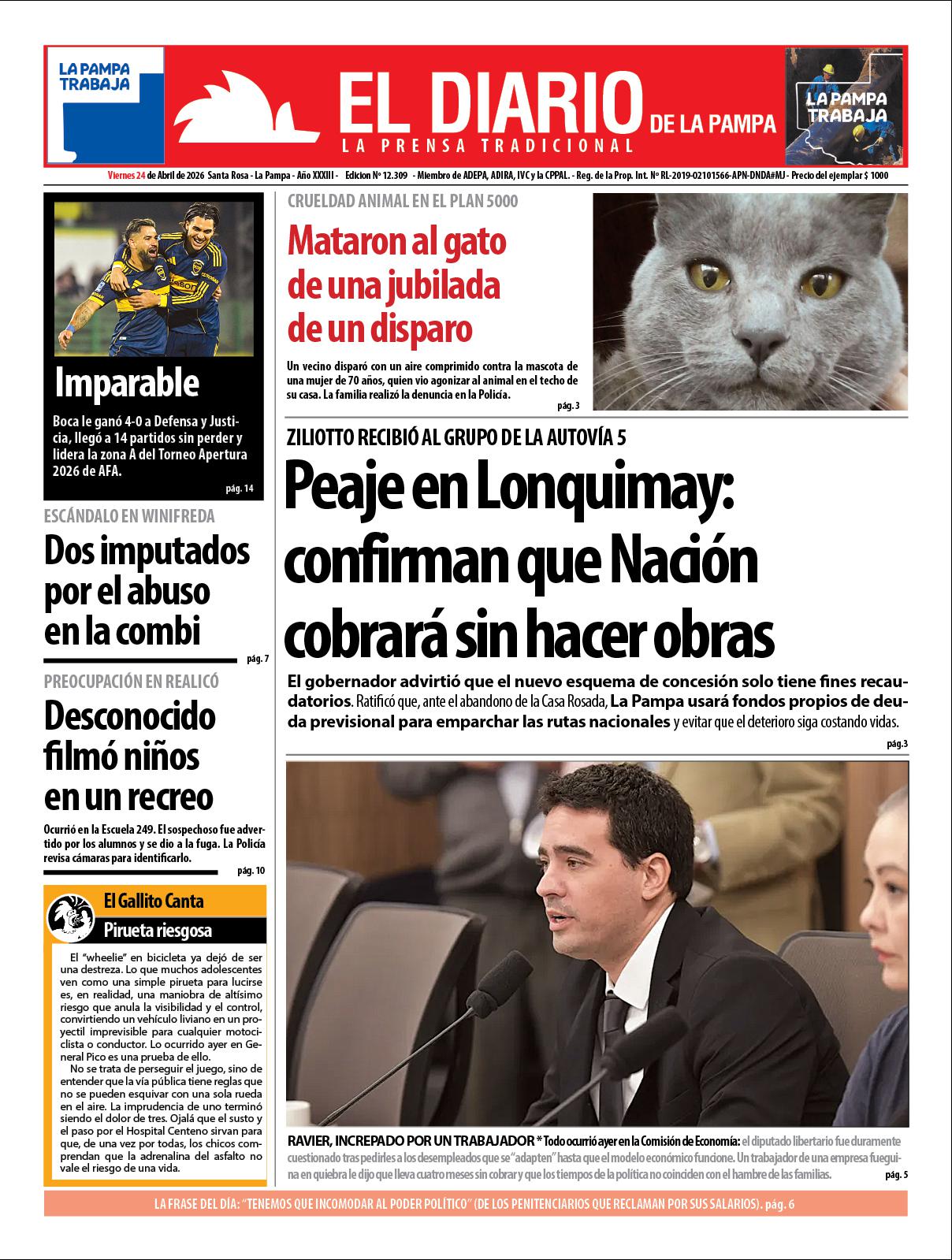 Tapa de El Diario en papel  viernes 24 de abril de 2026